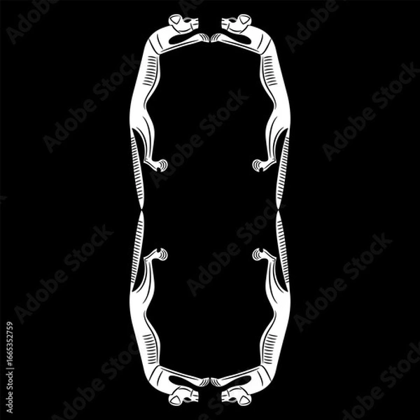 Obraz Geometrical animal frame with stylized hyenas. Ancient Egyptian animal design. Black and white silhouette.