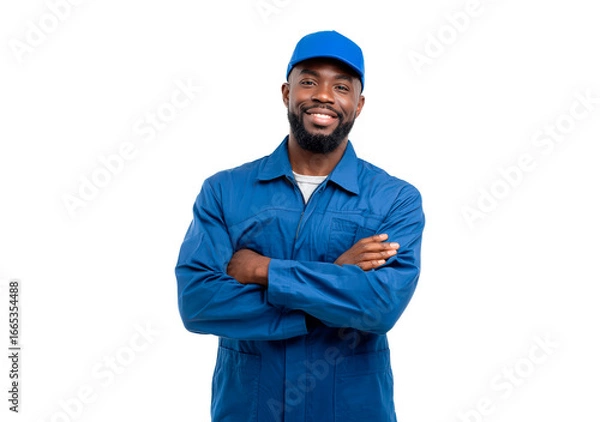 Fototapeta Confident man mechanic in blue uniform with cap smiling on transparent background, PNG