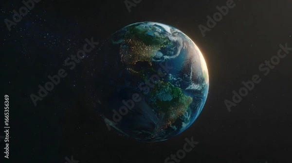 Fototapeta Realistic Earth globe in starry space with glowing continents and oceans