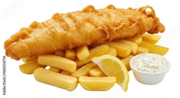 Fototapeta Delicious battered fish and chips with tartar sauce isolated on transparent background