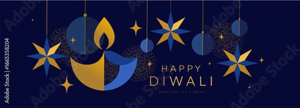 Fototapeta Happy Diwali. Indian festival of lights. Vector minimal abstract blue and gold illustration of fire, diya lamp, shining stars for greeting card, banner, poster or background