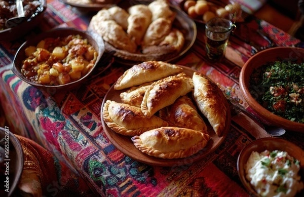 Fototapeta Delicious homemade empanadas filling a plate on a festive table setting