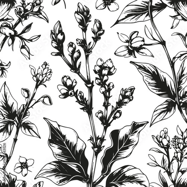 Fototapeta Detailed clove plant sketches, ink style line art, flower buds and leaves, isolated elements for spice product design, black and white vector 2