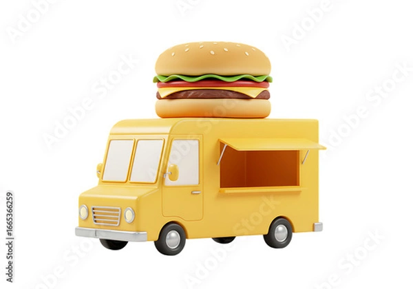 Fototapeta Bright yellow food truck with a large hamburger on top isolated on transparent background