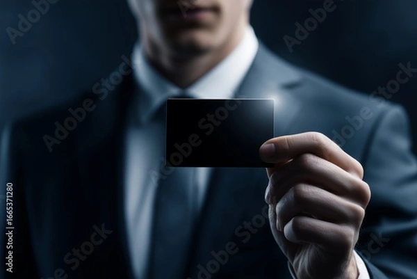 Obraz Businessman Hand Holding Blank Credit Card Mockup on Dark Background