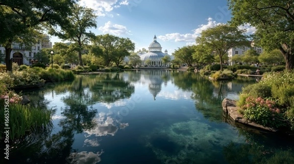 Fototapeta A pond in the middle of a park with a building in the background