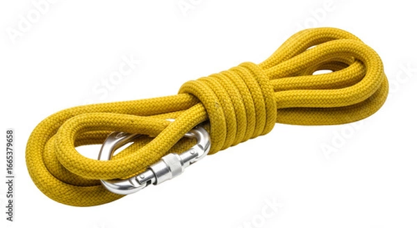 Fototapeta climbing rope with carabiner attached, isolated on white background, showing strength and adventure gear. ,PNG