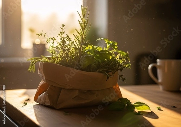 Obraz A paper bag overflowing with fresh herbs, bathed in warm sunlight, near a window.