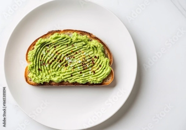 Obraz Artfully prepared avocado toast with a decorative wavy spread, seasoned with salt and pepper on a white plate.