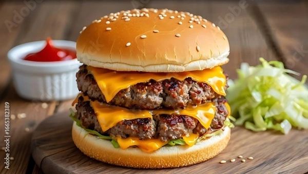 Fototapeta Delicious Double Cheeseburger with Sesame Seed Bun and Ketchup Ready to Eat Presented on a Wooden Board Featuring Melted Cheese and Fresh Lettuce