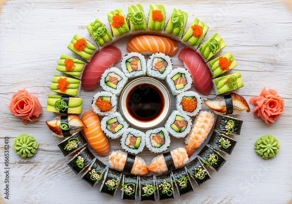 Obraz A beautifully arranged assortment of fresh sushi rolls and nigiri, presented on a wooden surface.