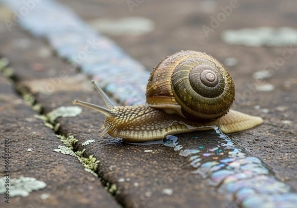 Obraz A garden snail with a brown spiral shell crawls across a stone surface, leaving a wet, iridescent slime trail.