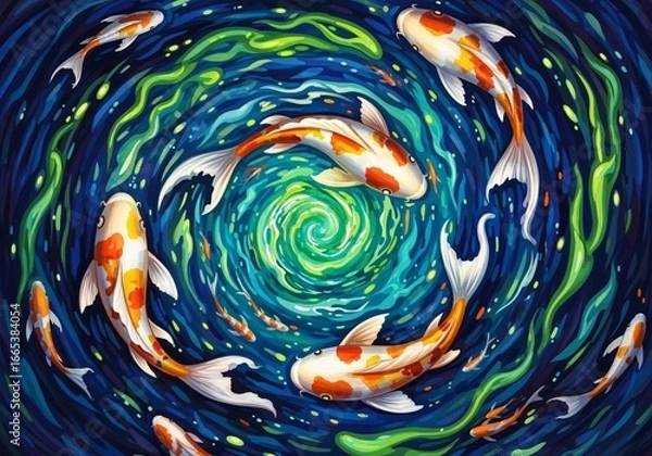 Obraz Vibrant orange and white koi fish gracefully swim in a mesmerizing blue and green spiraling water current, surrounded by aquatic plants.