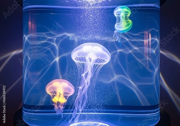 Obraz Illuminated aquarium showcasing vibrant jellyfish gracefully floating in a mesmerizing aquatic environment.