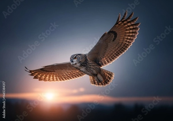Obraz A majestic great grey owl soars through the air at sunset, wings spread wide against a blurred horizon.