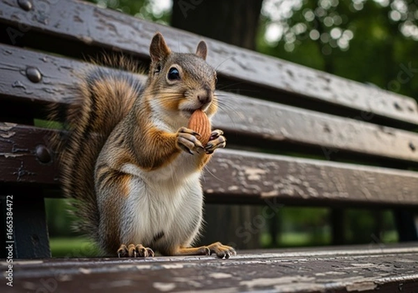 Obraz A squirrel sits on a park bench, holding and eating a nut.