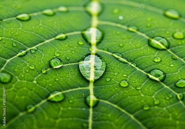 Obraz Close-up of a vibrant green leaf covered in glistening water droplets, highlighting the intricate vein structure and texture.