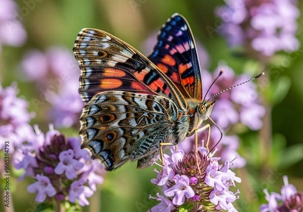 Obraz A beautiful American Lady butterfly with detailed orange and black wings feeding on purple thyme flowers.