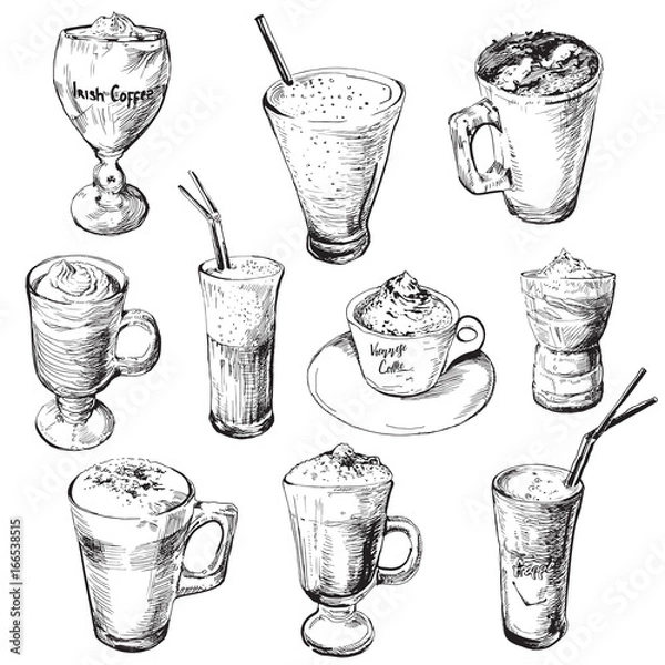 Fototapeta Set of different coffee beverages.Hot and cold coffee drinks.