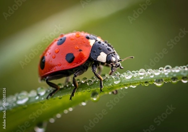 Obraz A vibrant red ladybug covered in water droplets rests on a dewy green blade of grass.