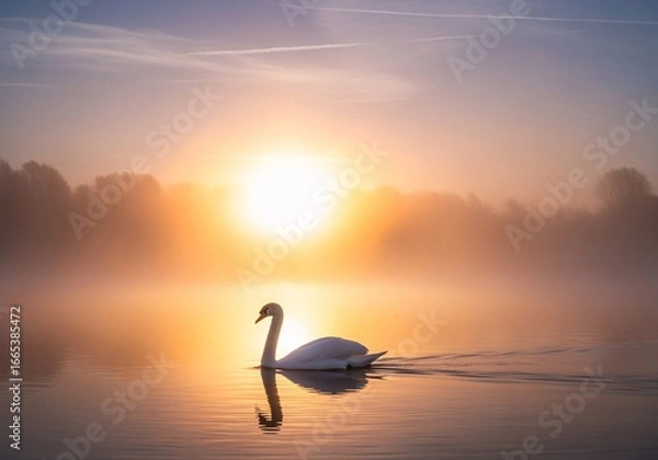 Obraz A swan gracefully swims on a tranquil lake at sunrise, its reflection visible in the still water amidst a misty, golden atmosphere.