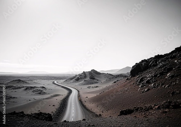 Obraz A winding road stretches through a vast, desolate landscape under a pale sky.