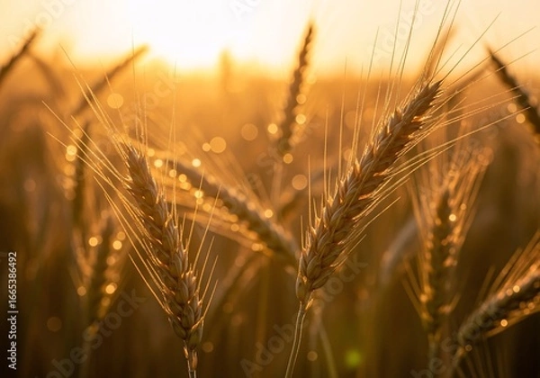 Obraz Close-up of ripe golden wheat stalks illuminated by the warm glow of a setting sun.