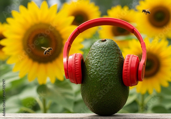 Fototapeta Avocado With Red Headphones In A Sunflower Field With Flying Bees, Symbolizing Healthy Lifestyle And Music Enjoyment