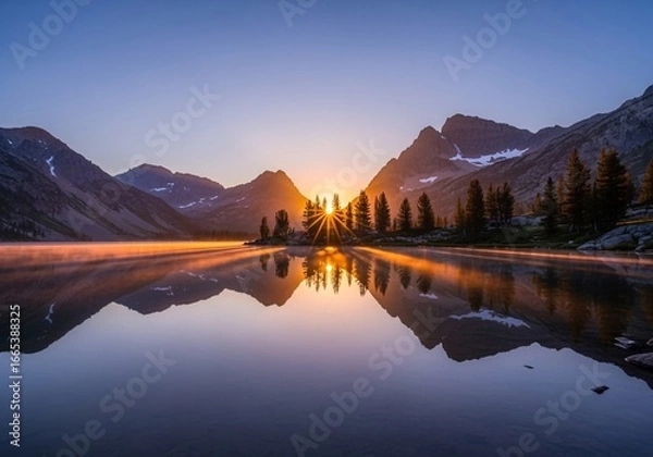 Obraz A brilliant sunrise peeks over silhouetted mountains, reflecting perfectly in a calm alpine lake.