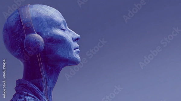 Fototapeta Woman's head made of electronic circuit board with headphones listening to music. Concept of artificial intelligence and digital audio.