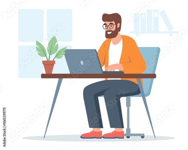 Fototapeta Handsome man working on laptop computer. Freelancer or remote employee at workplace. Online education, communication, chatting in social media and working. Vector illustration.