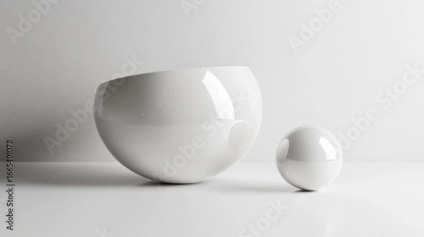 Fototapeta A simple, white studio scene with a half-sphere and small ball for showcasing products.  Perfect for presentations.
