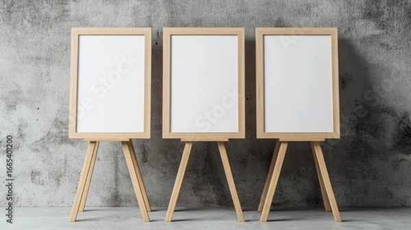 Fototapeta A simple wooden stand with three empty picture frames sits against a concrete wall.  It's a modern way to show off products.
