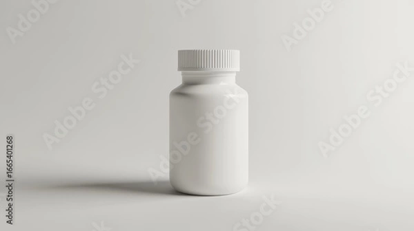 Fototapeta A small, white plastic bottle with a cap, shown in a 3D image against a white background.
