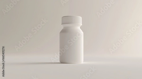 Fototapeta A small, white plastic bottle with a cap, shown in a 3D image against a white background.

