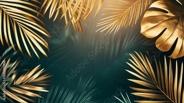 Fototapeta A stylish wedding invitation features golden leaves on a tropical background.  The design includes palm leaves and greenery, bathed in sunset light.  The image is isolated and easy to edit.
