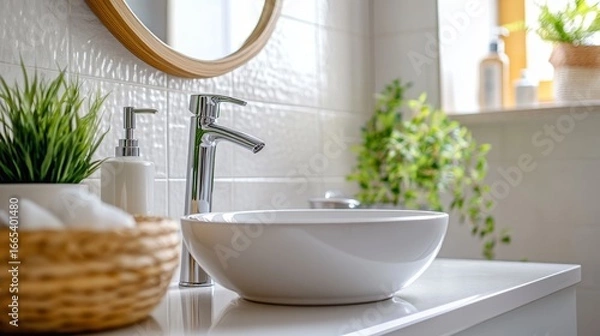 Fototapeta A sunny bathroom scene:  A white vanity with a ceramic sink and modern faucet.  There's empty space for products, and the background shows wall tiles.
