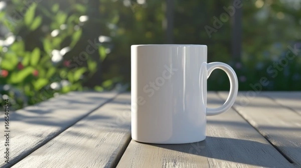 Fototapeta A white 15-ounce coffee cup sits on a wooden table in a garden.  The cup is blank, ready for your logo or design.  It's a 3D image for your drink ideas.

