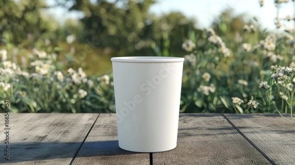 Fototapeta A white 15-ounce coffee cup sits on a wooden table in a garden.  The cup is blank, ready for your logo or design.  It's a 3D image for your drink ideas.

