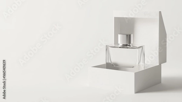 Fototapeta A white perfume bottle (silver accents) sits in a white box on a white background.  This is a mock-up for a new perfume ad.
