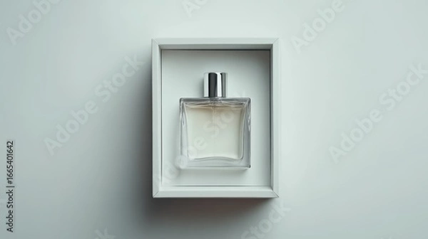 Fototapeta A white perfume bottle (silver accents) sits in a white box on a white background.  This is a mock-up for a new perfume ad.
