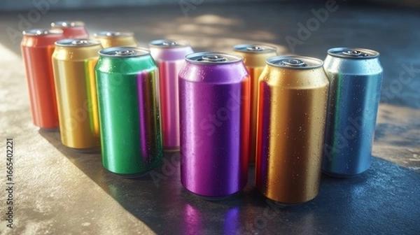 Fototapeta Colorful metal cans of soda, beer, and sparkling water.  They're realistic-looking and ready to be filled.
