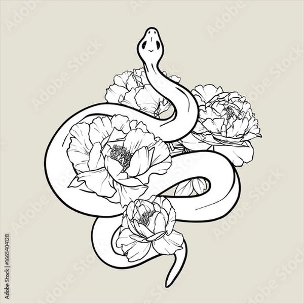 Obraz Black and white line drawing of snake in the flowers. Vector illustration of a snake and Floral Line Art. Sketch animal illustration. Hand Drawn outline of snake and peonies. EPS10