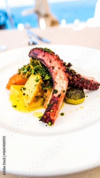 Obraz Grilled octopus and vegetables on a plate