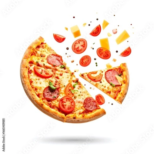 Obraz Pizza slice with ingredients flying