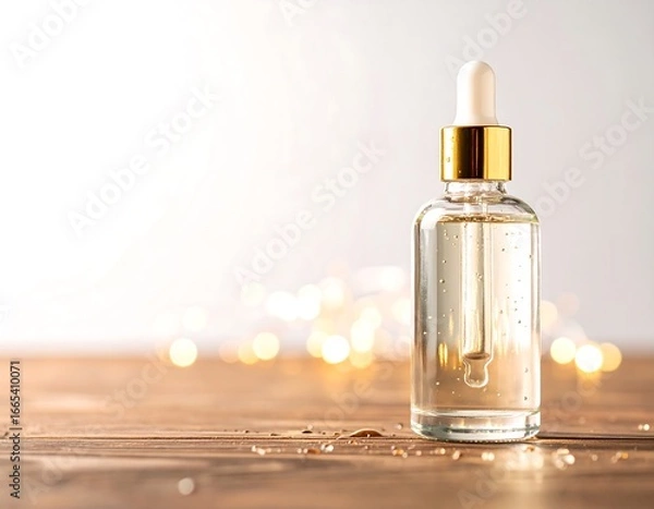 Obraz Clear serum bottle on a wooden surface with bokeh lights