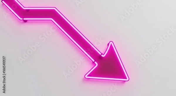 Fototapeta Neon Downward Arrow: The neon arrow signifies a downward trend, drop, or decrease in a clean, modern style, creating visual impact.