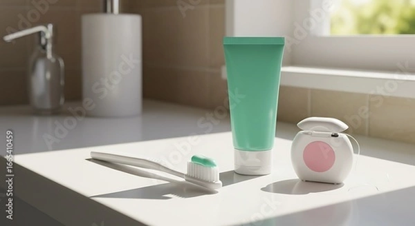Fototapeta Morning Dental Routine: A close-up view captures the essential tools for a refreshing start to the day, emphasizing the importance of daily oral hygiene.