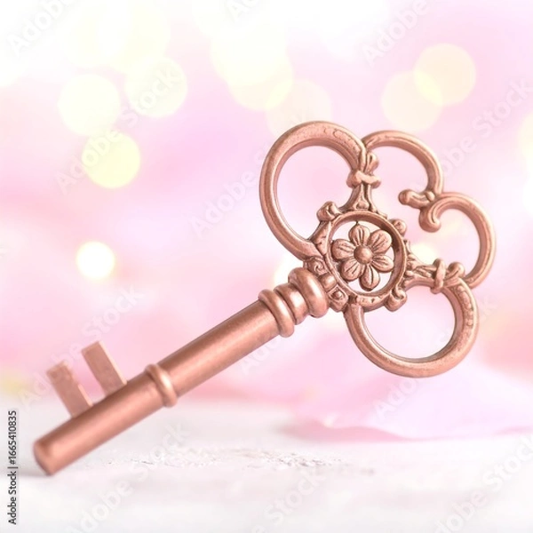 Obraz Ornate rose gold key against a soft pink background