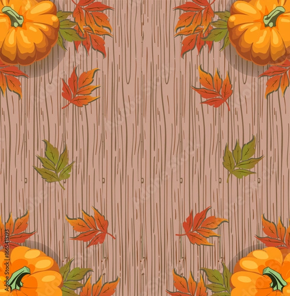 Fototapeta Festive autumn background with pumpkins and colorful fall leaves on rustic wooden texture, perfect for Thanksgiving, harvest, and seasonal designs.